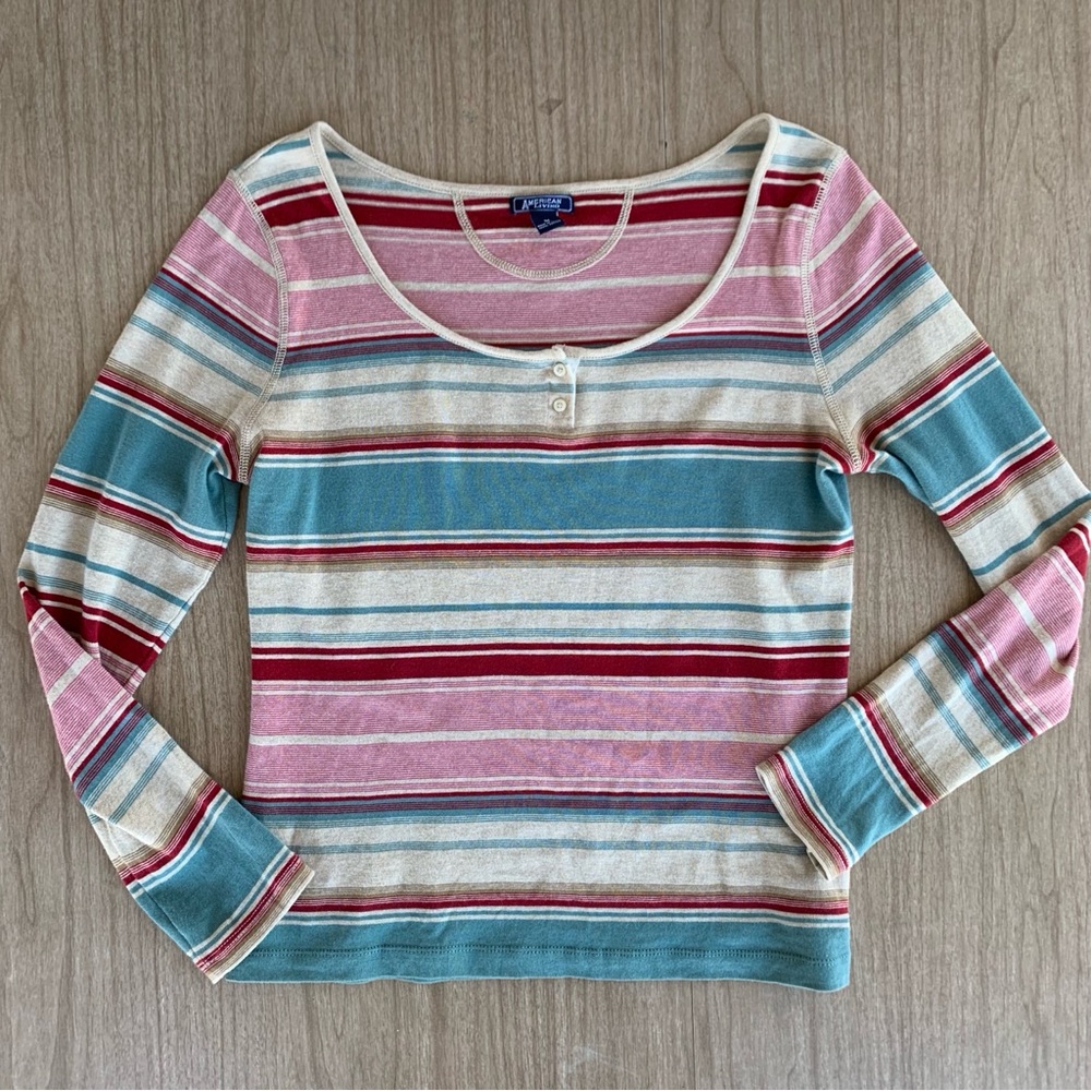 American Living Women’s Henley long-sleeve, striped, two-button placket Medium - Picture 2 of 9